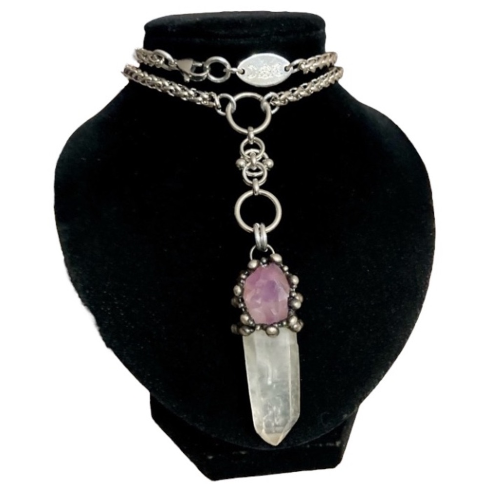 crystal quartz & amethyst gem stainless steel maille celtic lariat Y necklace. - Picture 7 of 15